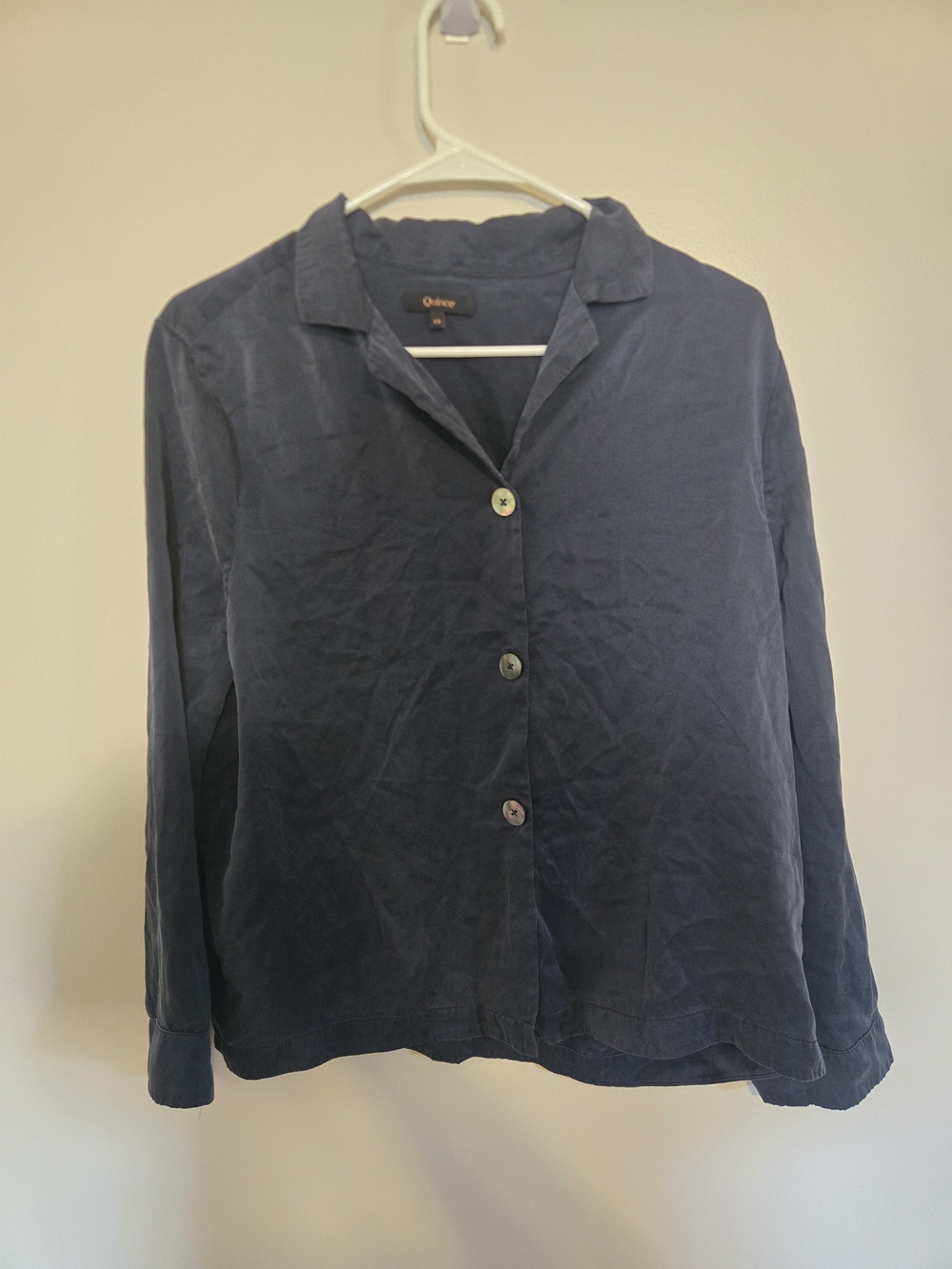 Quince Navy Largw Button-Front Blouse 100% Silk Size Xs